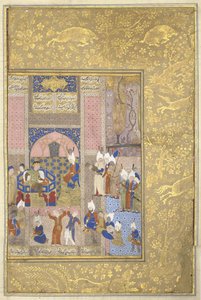 中国の皇帝とのアレクサンダーのごちそう、c.1525-50（ベラムのインク、トイレ、ゴールド） 作： Persian School